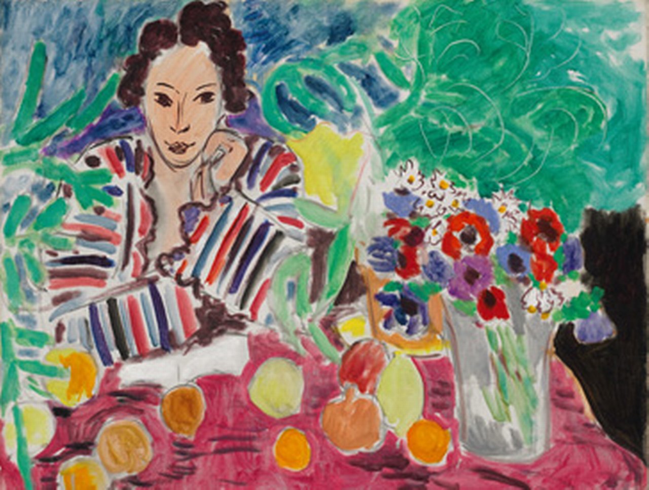 Henri Matisse, Striped Robe, Fruit, and Anemones, 1940. Oil on canvas.
